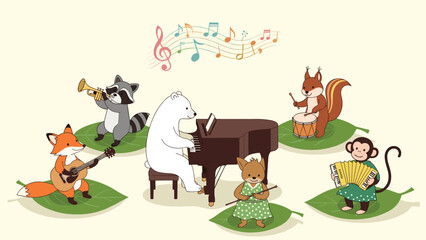 Fototapeta premium Forest animals like a fox, raccoon, bear, squirrel, and monkey playing musical instruments on large green leaves in the woods.