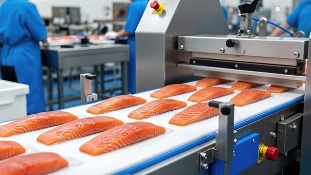 Salmon fillets on a conveyor belt in a food production facility, showcasing the processing of fresh seafood with a focus on quality and efficiency in a modern environment