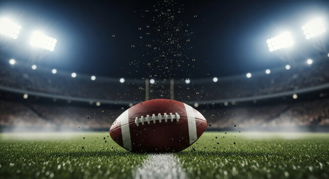 American football on the field in a brightly lit stadium with audience in the background ready for game night excitement and thrilling action unfolding with every play.