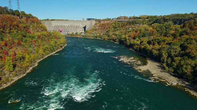 Aerial view of Robert Moses Niagara Power Plant and Niagara River between United States and Canada in spring