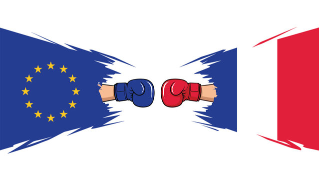 Symbolic boxing match between the European Union and France represented by boxing gloves emerging from their respective national flags.
