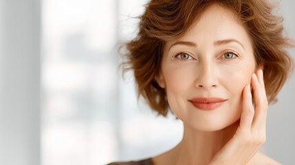 Confident middle-aged woman with short brown hair gently touching her face, soft lighting highlighting her features in a bright indoor setting