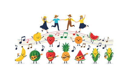 Naklejka premium Whimsical scene with people dancing on musical notes and various happy fruits playing instruments like guitars and maracas below.