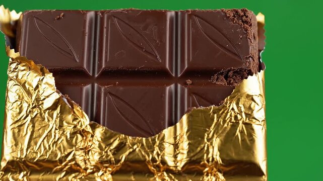 Dark chocolate bar partially unwrapped in gold foil on green screen