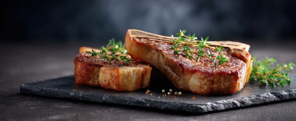 T-bone steaks with thyme on a rustic slate platter against a dark backdrop.