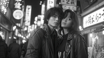 Obraz premium A Stylish Couple Captured Under Neon Tokyo Lights