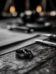 Obraz premium Broken Wedding Ring Rests on Courtroom Desk Alongside Legal Documents and Tools During a Divorce Proceeding in the Afternoon Light