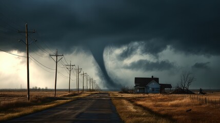 Large tornado approaching abandoned house and road with power lines in rural landscape. Natural disaster and severe weather concept.