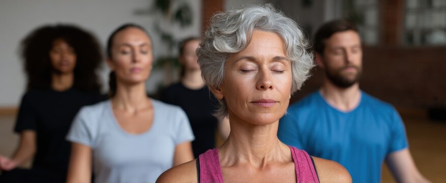 yoga instructor leading an indoor meditation session with participants