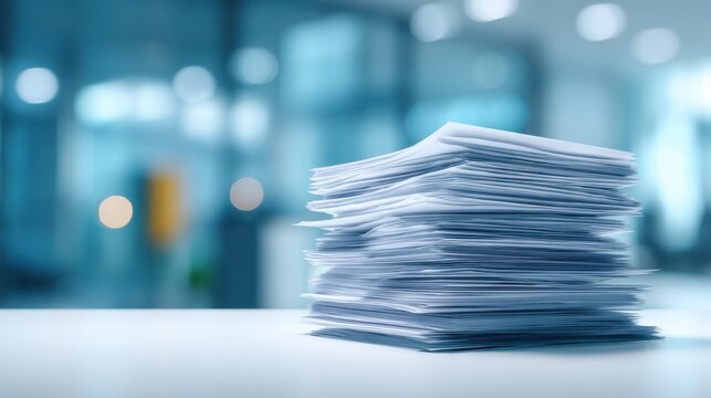 Large stack of white paper documents on a desk with a blurred office background. Concept of paperwork, bureaucracy, and business workload
