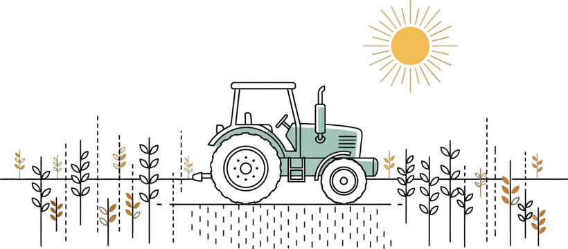 Minimalist vector illustration depicting a farm tractor working in a field with stylized crops under a shining sun, representing agriculture, rural life, and harvest season.