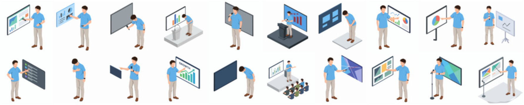 Isometric People Interacting with Digital Screen Display Interface Illustration Set