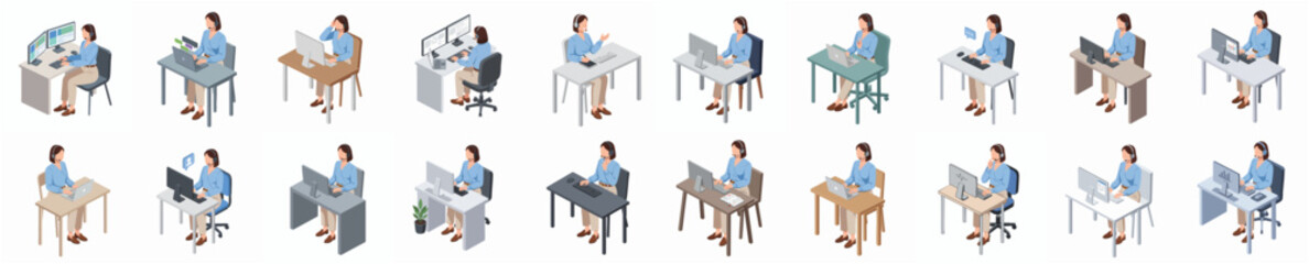 Isometric Professional Woman at Desk Working on Computer Full Set © Haimura