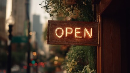 Wooden sign with neon open text hanging outside a shop or cafe. Small business concept for hospitality and retail advertising.