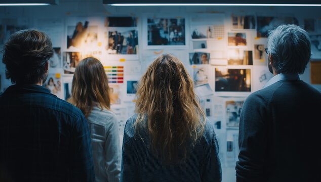 Creative team reviewing visual ideas on inspiration wall in design studio