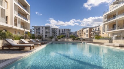 Outdoor swimming pool with deck chairs and modern apartment buildings. Leisure property and residential architecture for summer relaxation destination.