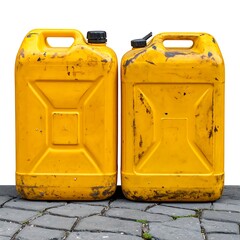 Two yellow, worn plastic jugs sit side-by-side on a gray brick surface, isolated against a bright white background