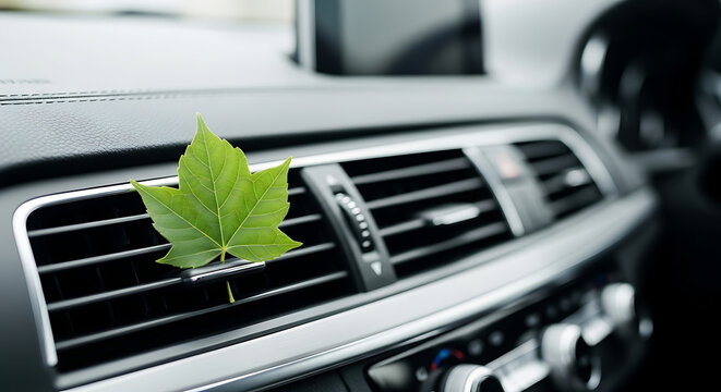 Green leaf on car air vent for fresh air and eco-friendly transport