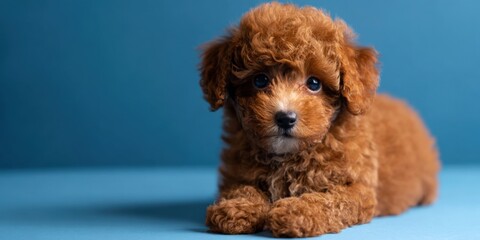 Adorable brown puppy on blue background
