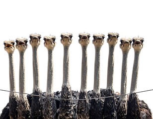Row of ostriches with long necks and small heads against a bright white background, clustered together densely