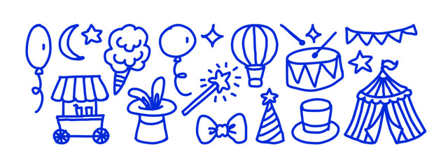 Circus set with tent, drum, balloons, cotton candy, magic hat. Kids event design. Cirque performance, funny carnival, party design. Hand drawn vector illustration. © pim