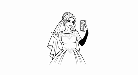Obraz premium Happy bride in wedding dress taking a selfie with her phone