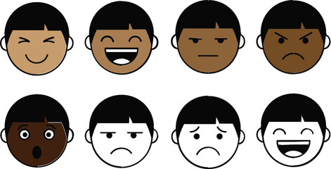 Diverse avatar icon set featuring various skin tones and facial expressions including happy sad angry and surprised for social media and user profile design.