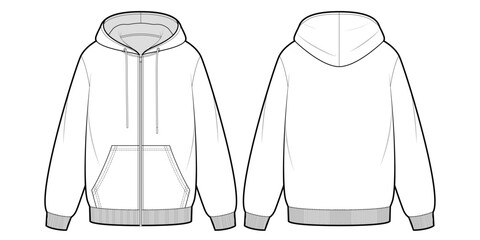 Zip up Hoodie Jacket- Flat Technical Drawing -Front and Back View- Cad/ Vector Illustration © Line_Studio