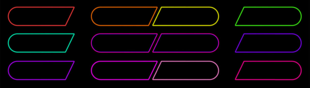 Glowing pill buttons with rounded edges and luminous stroke. Ideal for neon action call signs, buy now labels, game interface elements, and futuristic web templates.