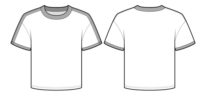 Women's Short-Sleeve Ringer Tee with Contrast Shoulder Taping-Front and Back View- Fashion Flat- Vector Illustration- CAD Mock-up