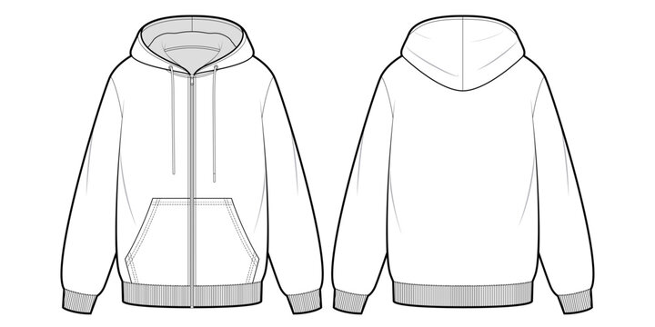 Zip up Hoodie Jacket- Flat Technical Drawing -Front and Back View- Cad/ Vector Illustration
