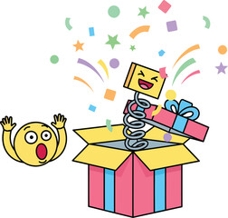 Fototapeta premium Surprised Emoji and Jack-in-the-Box Pop Up with Confetti Stock Illustration