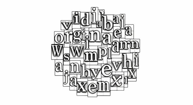 jumbled metal letterpress blocks forming a circular pattern