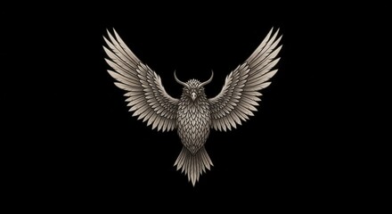 Fototapeta premium Majestic Owl with Horns Spreads Wings in Dark Fantasy.