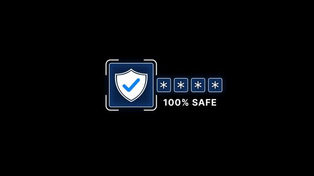 Security checkmark shield with 100% safe guarantee symbols on dark background for cybersecurity and data protection concepts