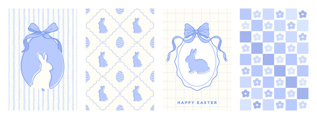 Happy Easter seamless pattern and greeting card set. Cute design with bunny, egg and bow. Poster in pastel blue tones. Whimsical striped and checkered background. Vector illustration © accogliente