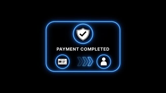 Payment Completed Secure Transaction Animation with Credit Card and User Profile on Black Background