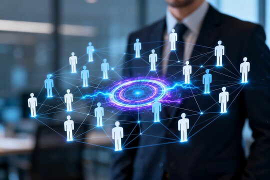 Businessman with glowing digital network of connected people icons, concept of leadership and team.