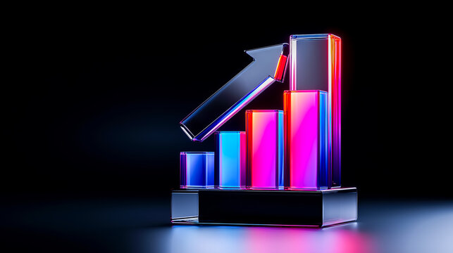 透明感のあるキューブ群と上昇矢印、投資・市場拡大の背景