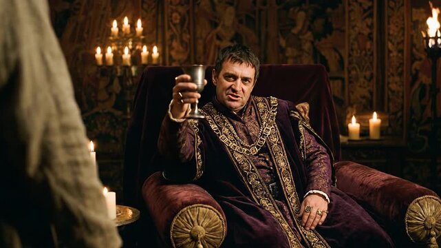 Powerful biblical scene depicting Jesus Christ standing before King Herod who sits on a velvet throne holding a silver goblet in a dimly lit palace hall filled with glowing candles