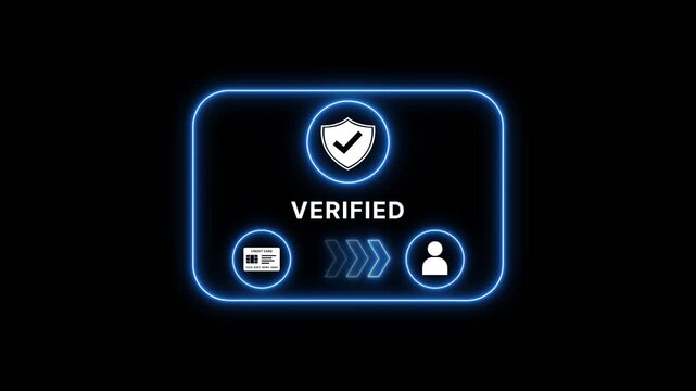 Verified secure payment with shield checkmark and credit card on black background with blue neon outline