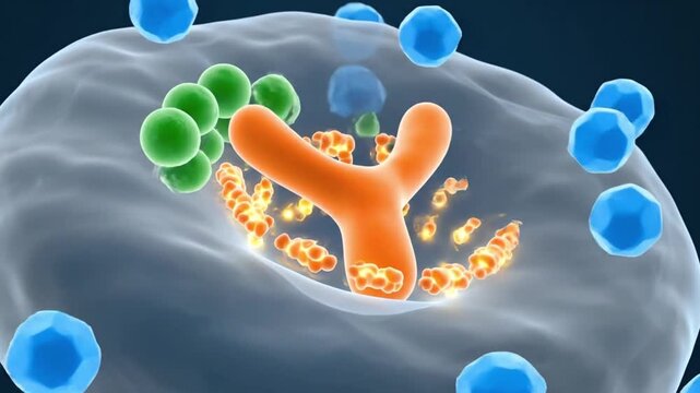 Cinematic 3D animation explaining insulin regulation of glucose metabolism realistic molecular environment insulin hormone docking on receptor protein triggering signal transduction pathway inside cel