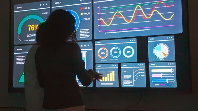 A person points at a large wall display filled with interactive data dashboards, charts, and graphs, analyzing performance metrics and trends.