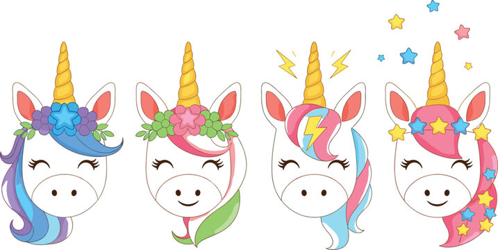 Cute Unicorn Face Collection with Floral Crowns, Rainbow Hair and Star Elements for Kids Fantasy Stickers, Nursery Prints and Party Designs