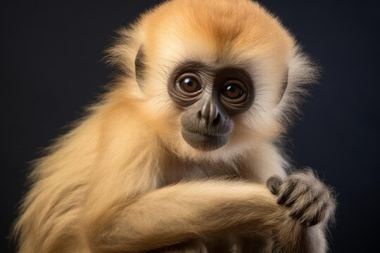 Young baby golden snub nosed monkey with a curious expression on black background