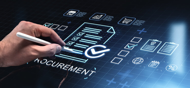 Digital procurement process concept with checklist icons, stylus interaction, and futuristic interface on digital screen in modern business environment.