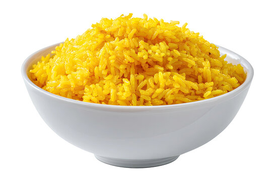 Yellow Rice in White Bowl, Cooked Grains, Staple Food Isolated on Transparent Background