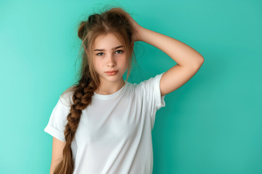 Natural Portrait of Teenage Girl with Long Braid Against Turquoise Background