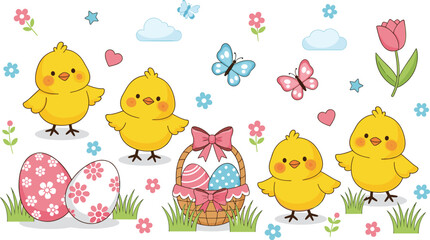 Fototapeta premium Cute Easter chicks with decorated eggs and spring flowers vector illustration isolated background