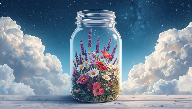 A delicate digital sketch of a jar, in which there is a field of beautiful flowers, such as lavender, daisies, anemones, nerine; the background is a starry sky with beautiful white clouds
